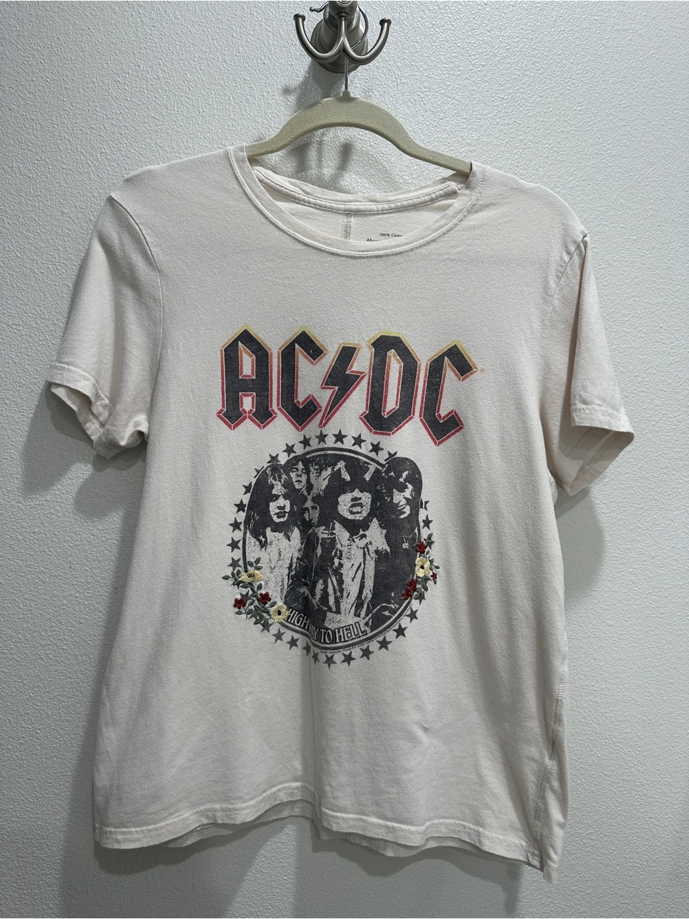 AC/DC Cream Graphic Tee with Vintage Band Emblem